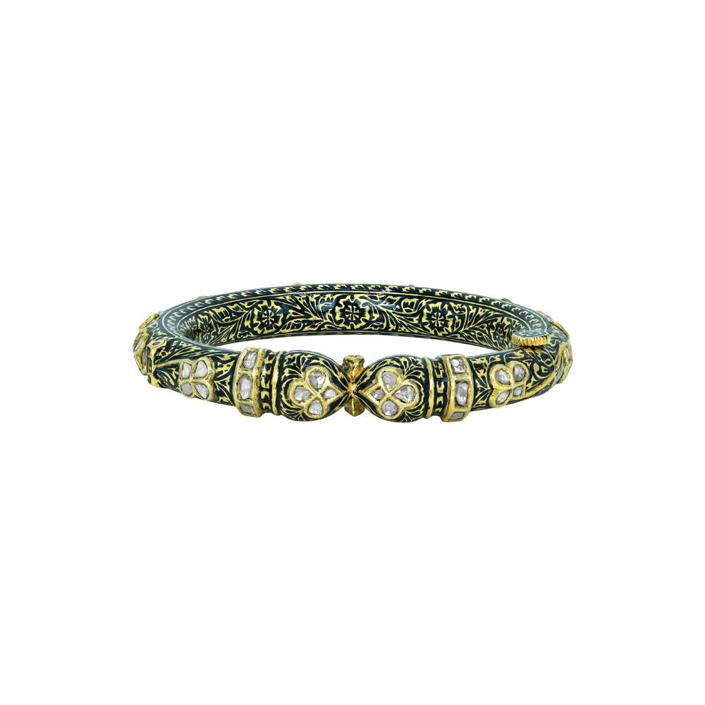 Polki Bangle with Black Enamel and Floral Motifs